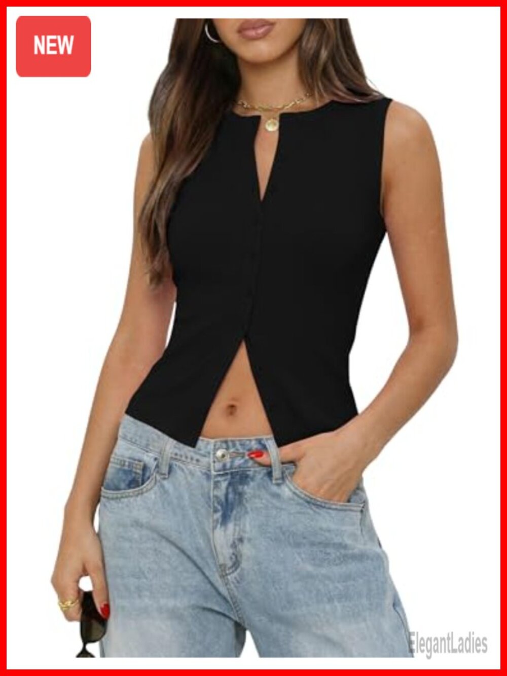 Women's Ribbed Button Down Sleeveless Crop Tank Top Y2K Slim Fit
